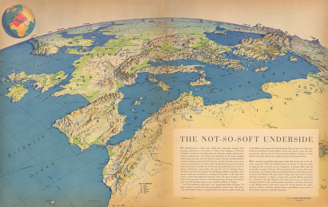 The Not-so Soft Underside by Richard Edes Harrison. Mediterranean 1943 old map (1 of 1)