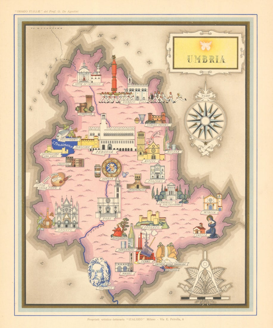 Umbria pictorial map by Vsevolode Nicouline. Italgeo/Agostini 1951 old: Title: Umbria pictorial map by Vsevolode Nicouline. Italgeo/Agostini 1951 old Description: Umbria' by Nicouline, Vsevolode. Published 1951. Vintage colour pictorial map. Size 28 x 23 cm | 11.0 x 9.0