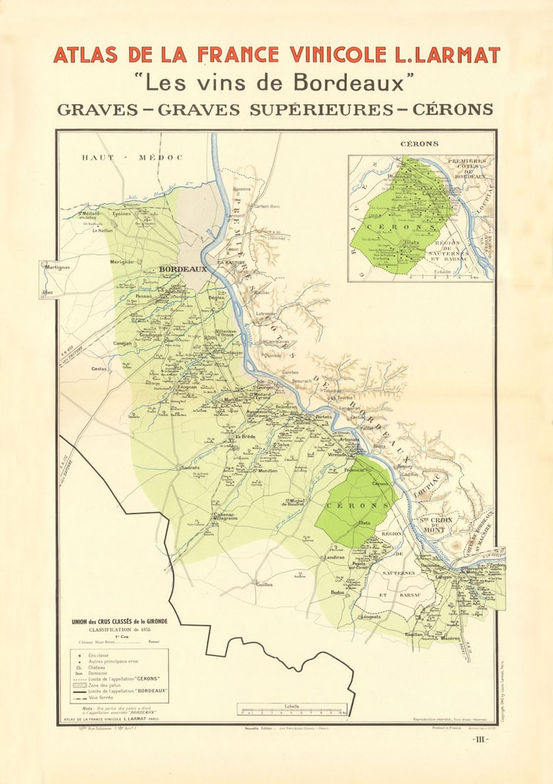 BORDEAUX VINS WINE MAP. Graves - Graves Supérieures - Cérons. LARMAT 1944 (1 of 1)