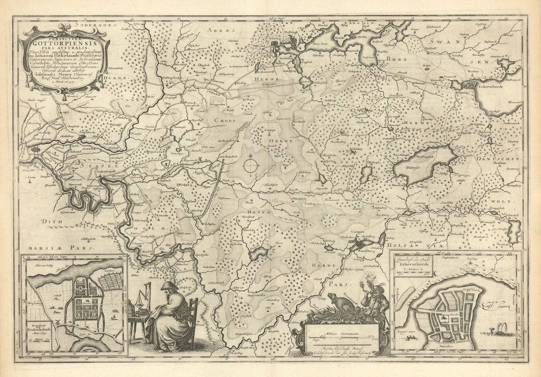 PRAEFECTURÆ GOTTORPIENSIS AUSTRALIS.Eckernforde Friedrichstadt.BLAEU c1667 map: Title: PRAEFECTURÆ GOTTORPIENSIS AUSTRALIS.Eckernforde Friedrichstadt.BLAEU c1667 map Description: Praefecturae Gottorpiensis pars Australis;Grundtriß von Fridrichstadt; Grundtriß der s