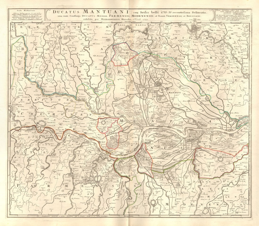 Ducatus Mantuani' Duchy of Mantua. Verona Cremona Parma Reggio. HOMANN 1735 map: Title: Ducatus Mantuani' Duchy of Mantua. Verona Cremona Parma Reggio. HOMANN 1735 map Description: Ducatus Mantuani ceu Sedis belli 1733-1735 recentissima Delineatio una cum Confinijs Ducatus Medoil
