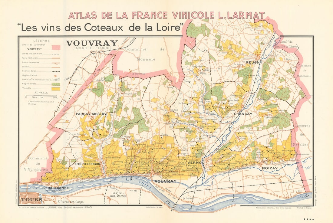 LOIRE VINEYARD WINE MAP Vouvray. Noizay Vernou Reugny Chançay Parçay LARMAT 1946: Title: LOIRE VINEYARD WINE MAP Vouvray. Noizay Vernou Reugny Chançay Parçay LARMAT 1946 Description: "Les Vins des Coteaux de la Loire" - Vouvray (Indre-et-Loire)' (Atlas de la France Vinico