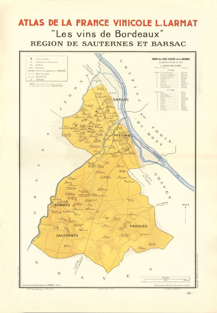 BORDEAUX VINS WINE MAP. Région de Sauternes et Barsac. LARMAT 1944 old: Title: BORDEAUX VINS WINE MAP. Région de Sauternes et Barsac. LARMAT 1944 old Description: "Les Vins de Bordeaux" - Région de Sauternes et Barsac' (Atlas de la France Vinicole L. Larmat) by 
