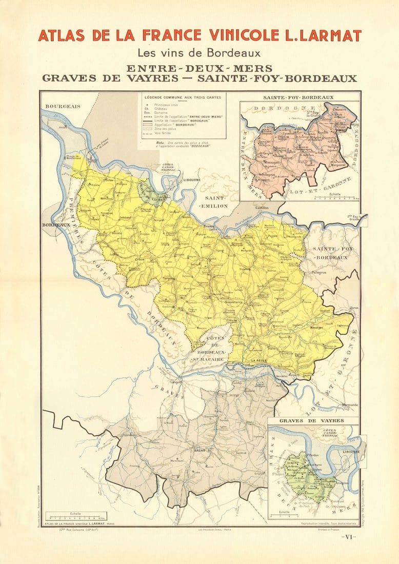 BORDEAUX VINS WINE MAP. Entre-Deux-Mers Graves de Vayres Sainte-Foy. LARMAT 1944 (1 of 1)