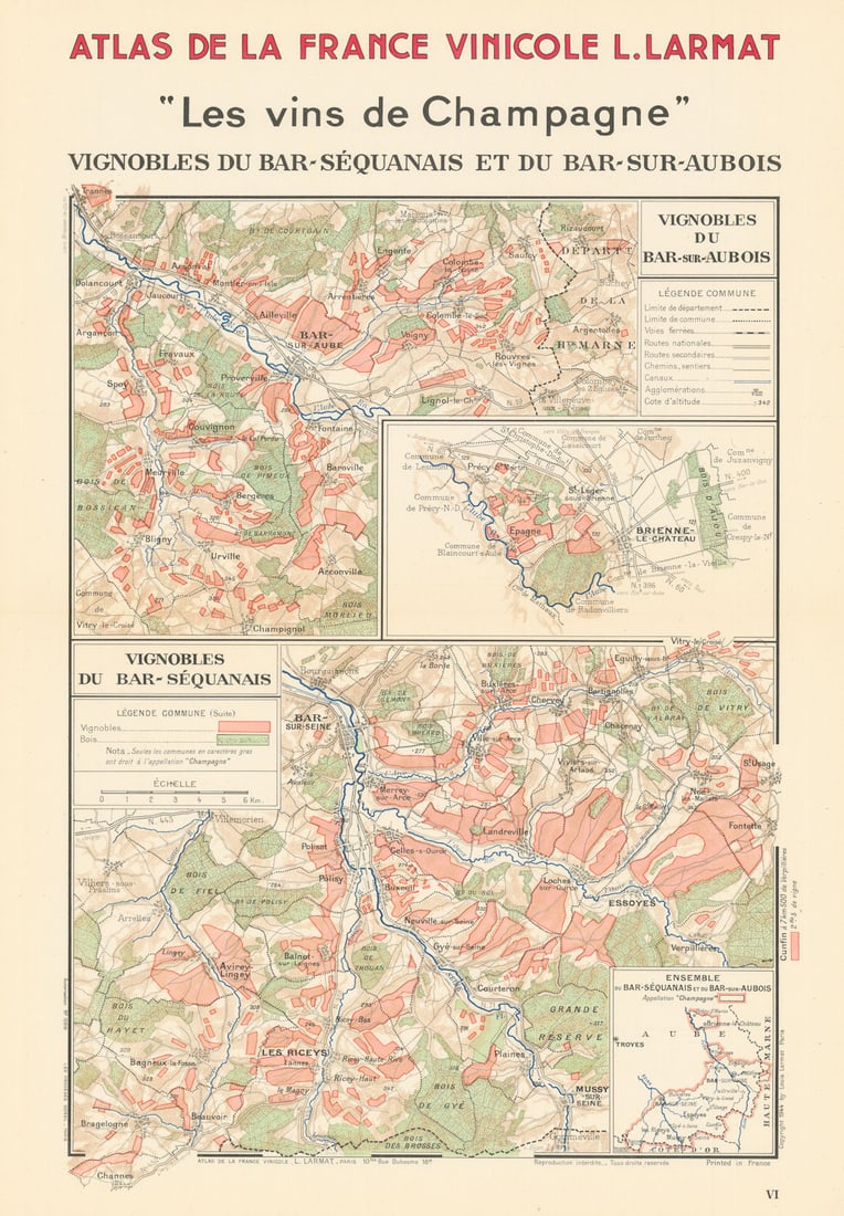 CHAMPAGNE VINEYARD MAP Vignobles. Bar-Séquanais. Bar-sur-Aubois. LARMAT 1944: Title: CHAMPAGNE VINEYARD MAP Vignobles. Bar-Séquanais. Bar-sur-Aubois. LARMAT 1944 Description: "Les Vins de Champagne" - Vignobles du Bar-Séquanais et du Bar-sur-Aubois' (Atlas de la Franc
