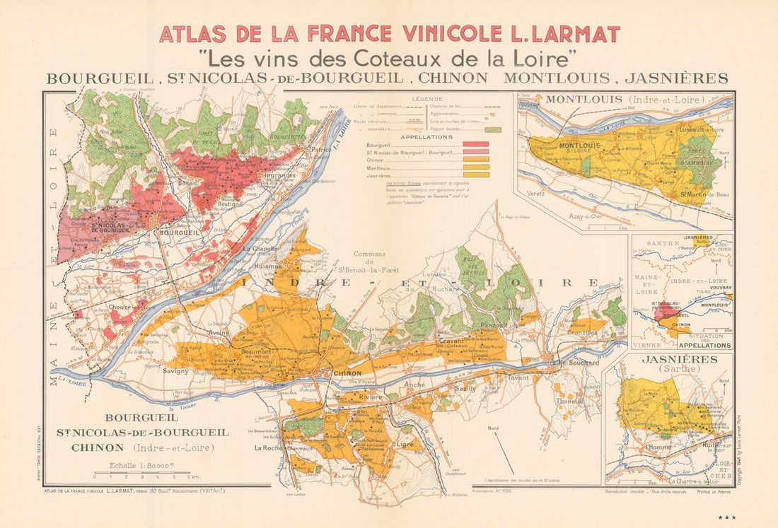 LOIRE VINEYARD MAP St Nicholas Bourgueil Chinon Montlouis Jasnières. LARMAT 1946: Title: LOIRE VINEYARD MAP St Nicholas Bourgueil Chinon Montlouis Jasnières. LARMAT 1946 Description: "Les Vins des Coteaux de la Loire" - Bourgueil, St. Nicholas-de-Bourgueil, Chinon, Montlouis, 
