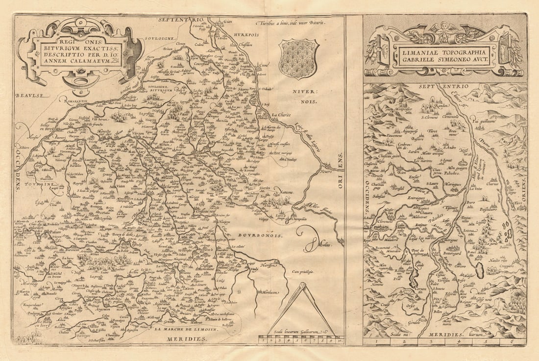 Regionis Biturigum' & 'Limaniae Topographia'. Berry/Auvergne. ORTELIUS 1570 map (1 of 1)