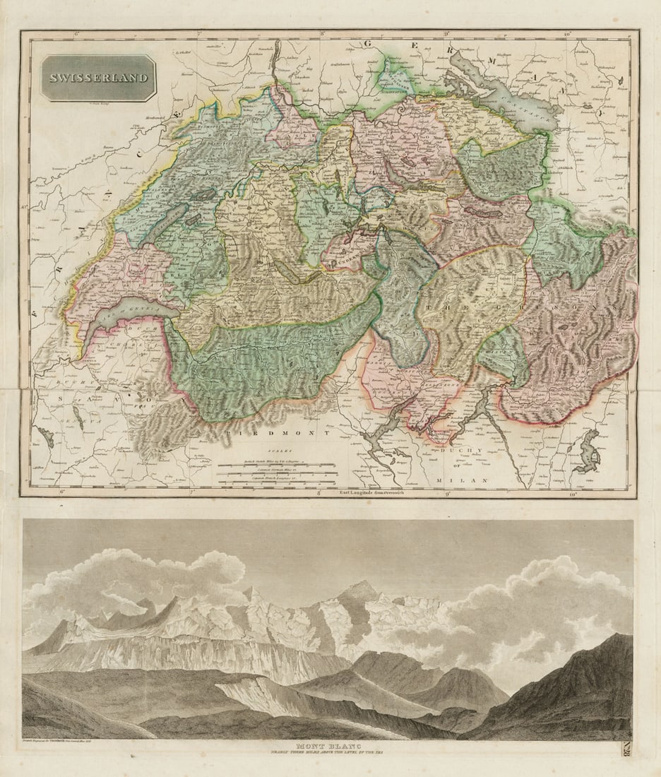 Swisserland. Old Swiss Confederacy. w/o Geneva. Mont Blanc. THOMSON 1817 map: Title: "Swisserland". Old Swiss Confederacy. w/o Geneva. Mont Blanc. THOMSON 1817 map Description: Swisserland. Mont Blanc, nearly three miles above the level of the sea.'. This large, fascinating