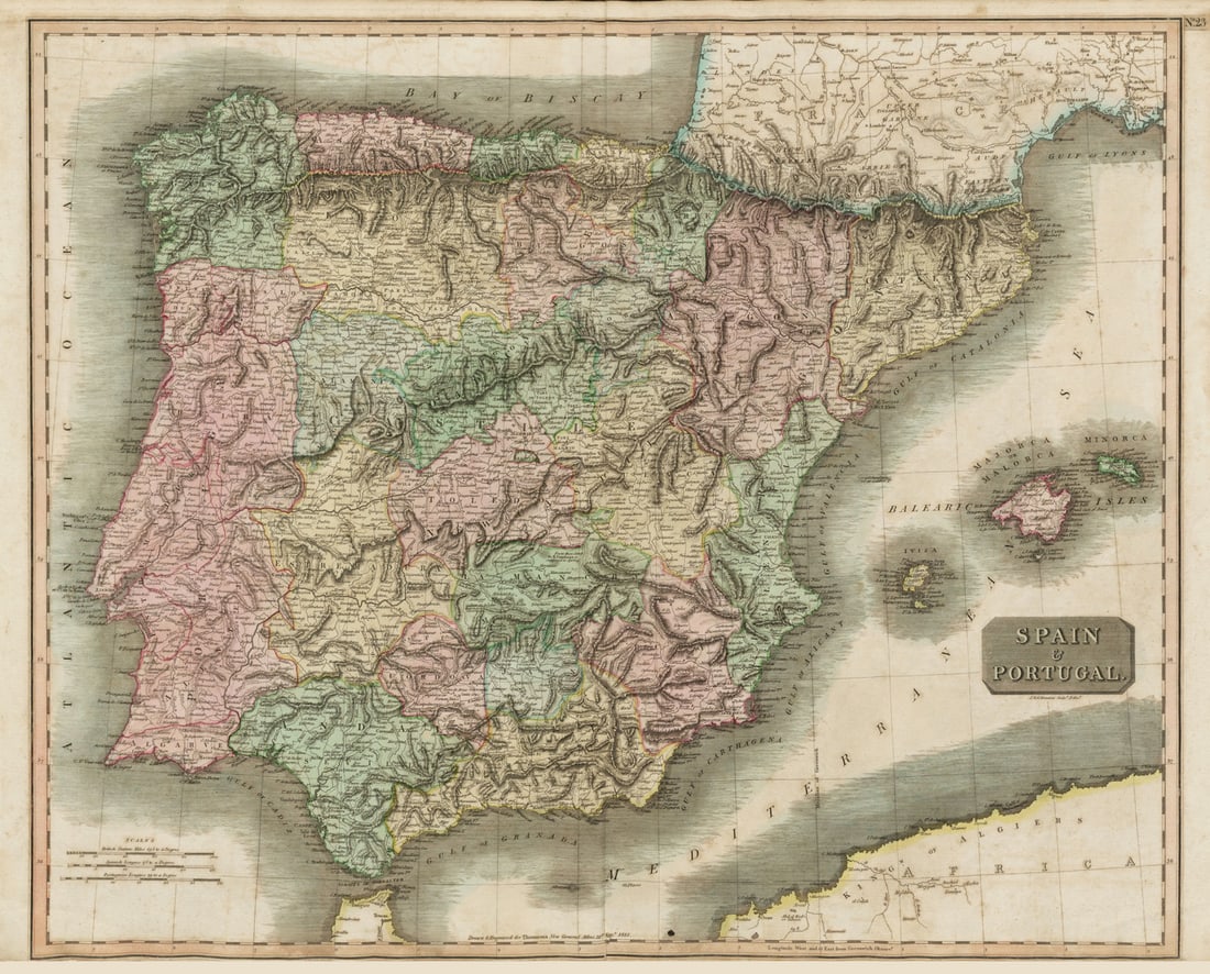 Spain and Portugal by John Thomson. Provinces. Iberia 1817 old antique map: Title: "Spain and Portugal" by John Thomson. Provinces. Iberia 1817 old antique map Description: Spain and Portugal'. Drawn & engraved by John & George Menzies for John Thomson's "New General Atlas". 