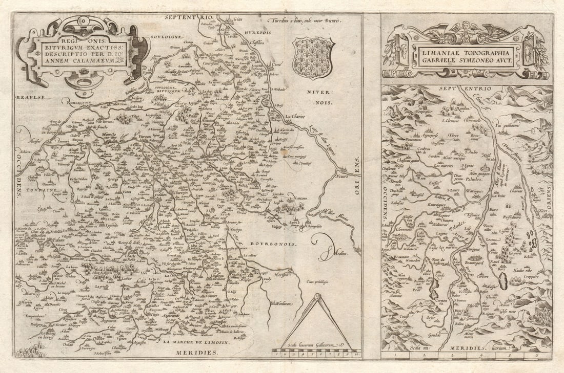 Regionis Biturigum' & 'Limaniae Topographia'. Auvergne/Berry. ORTELIUS 1584 map (1 of 1)
