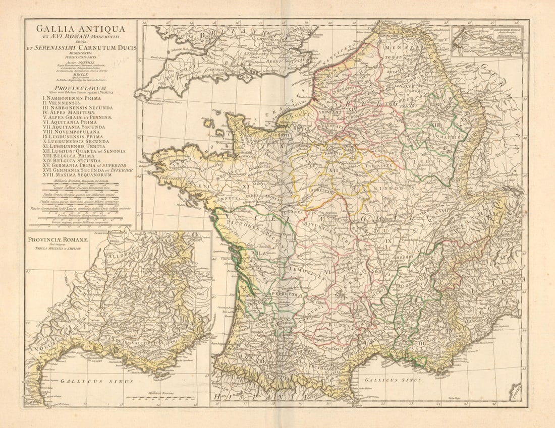 Gallia Antiqua ex Aevi Romani Monumentis eruta…' D'ANVILLE. Gaul 1760 old map: Title: Gallia Antiqua ex Aevi Romani Monumentis eruta…' D'ANVILLE. Gaul 1760 old map Description: Gallia Antiqua ex Aevi Romani Monumentis eruta, et Serenissimi Carnutum Ducis. Inset: Provinciae