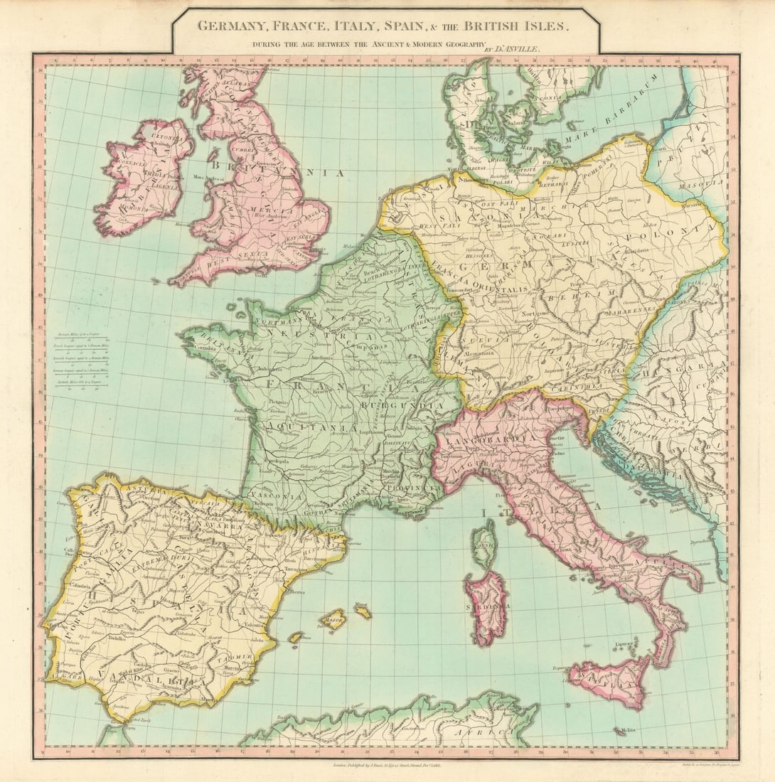 Western Europe "between the Ancient and Modern Geography". D'ANVILLE 1815 map (1 of 1)