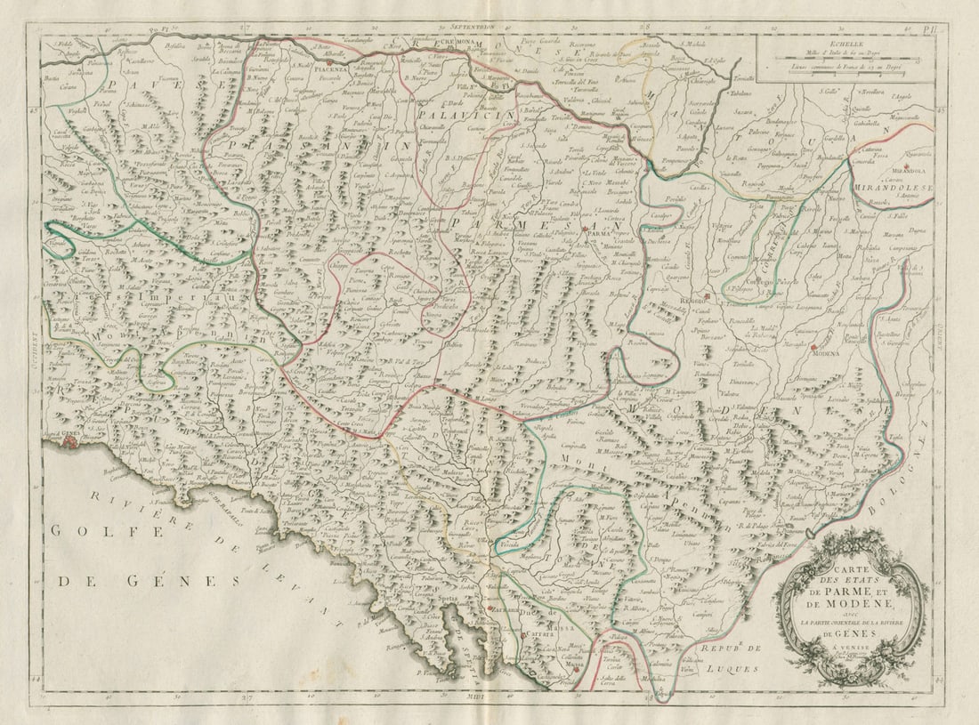 Etats de Parme, et de Modène, avec… Gènes. Parma Modena Genoa SANTINI 1784 map: Title: "Etats de Parme, et de Modène, avec… Gènes". Parma Modena Genoa SANTINI 1784 map Description: Carte des Etats de Parme, et de Modène, avec la partie orientale de la Rivi