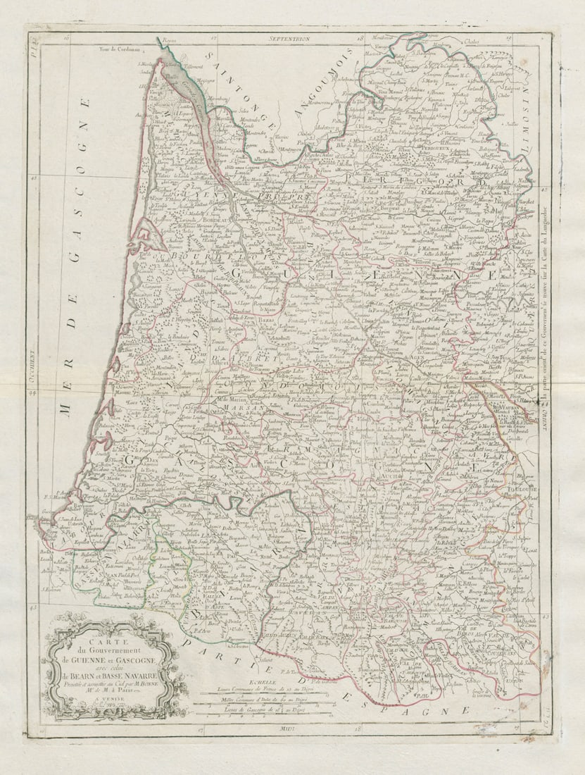 Governement de Guienne et Gascogne…. Aquitaine Gascony. SANTINI/BONNE 1784 map: Title: "Governement de Guienne et Gascogne…". Aquitaine Gascony. SANTINI/BONNE 1784 map Description: Carte du Governement de Guienne et Gascogne, avec celui de Bearn et Basse Navarre Projett