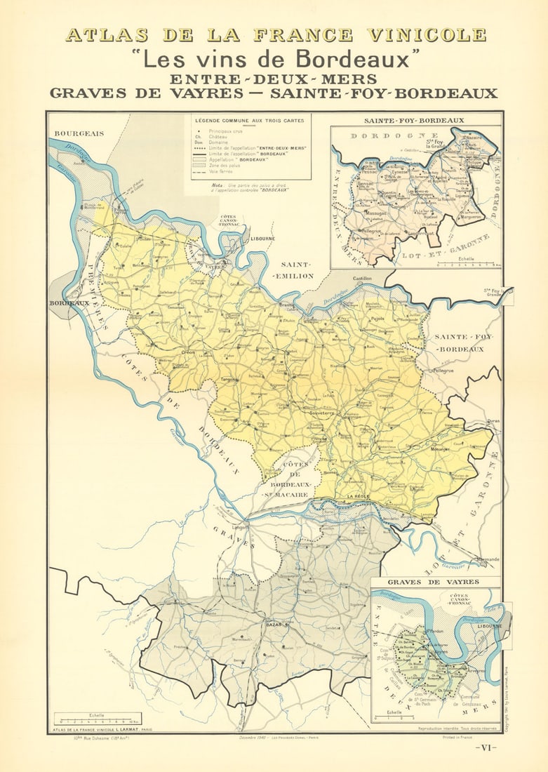 BORDEAUX VINS WINE MAP. Entre-Deux-Mers Graves de Vayres Sainte-Foy. LARMAT 1941 (1 of 1)