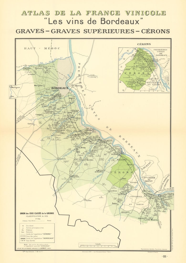 BORDEAUX VINS WINE MAP. Graves - Graves Supérieures - Cérons. LARMAT 1941 (1 of 1)