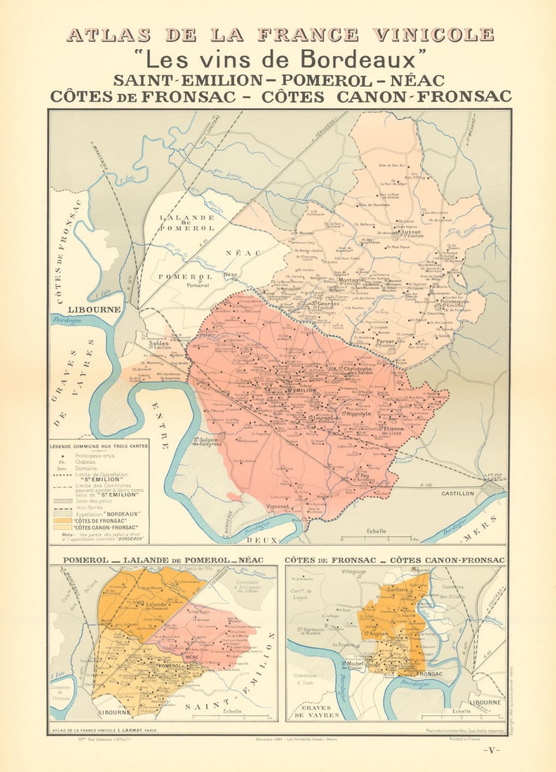 BORDEAUX VINS WINE MAP. St Emilion Pomerol Néac Côtes Canon-Fronsac.LARMAT 1941 (1 of 1)