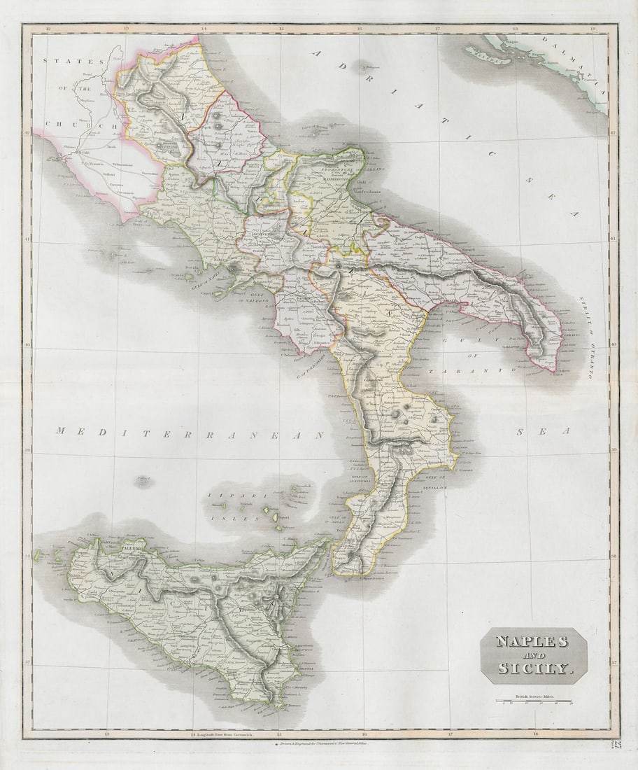 Naples and Sicily. Southern Italy. THOMSON 1830 old antique map plan chart: Title: "Naples and Sicily". Southern Italy. THOMSON 1830 old antique map plan chart Description: Naples and Sicily'. Drawn & engraved by Nathaniel Robert Hewitt for John Thomson's "New General Atlas".