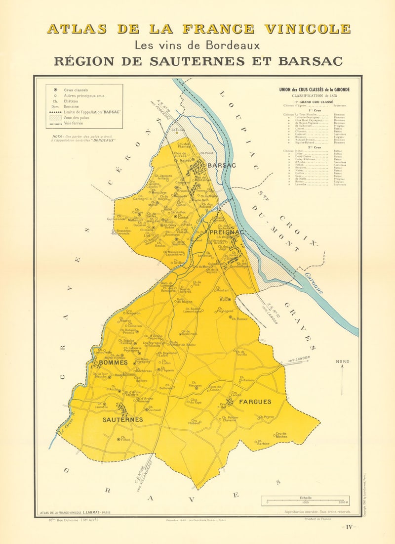 BORDEAUX VINS WINE MAP. Région de Sauternes et Barsac. LARMAT 1941 old: Title: BORDEAUX VINS WINE MAP. Région de Sauternes et Barsac. LARMAT 1941 old Description: "Les Vins de Bordeaux" - Région de Sauternes et Barsac' (Atlas de la France Vinicole L. Larmat) by