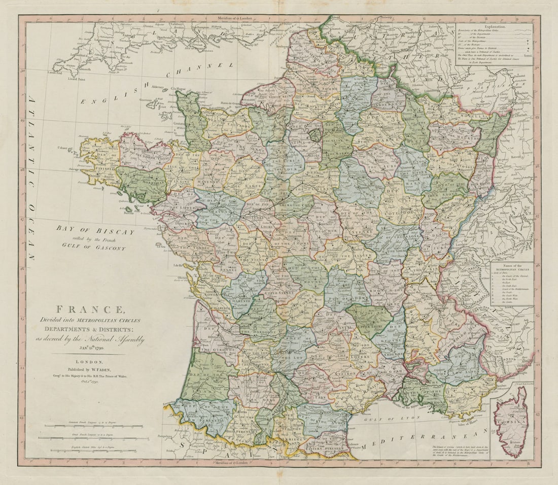 France divided into Metropolitan Circles, Departments & Districts FADEN 1792 map (1 of 1)