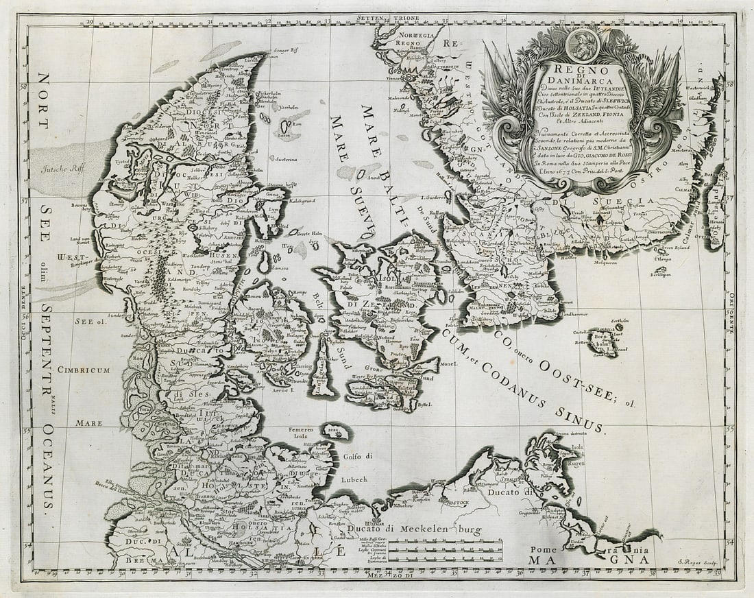 Regno di Danimarca. The Kingdom of Denmark. DE ROSSI 1677 old antique map: Title: Regno di Danimarca. The Kingdom of Denmark. DE ROSSI 1677 old antique map Description: Regno di Danimarca [The Kingdom of Denmark]. Published by Giovanni Giacomo de Rossi. S.Roger Sculp..