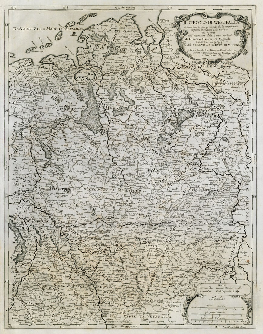 Il Circolo di Westfalia. Westphalia / Lower Saxony. DE ROSSI / CANTELLI 1687 map: Title: Il Circolo di Westfalia. Westphalia / Lower Saxony. DE ROSSI / CANTELLI 1687 map Description: Il Circolo di Westfalia [The Circle of Westphalia]. The western part of Lower Saxony east to Kassel