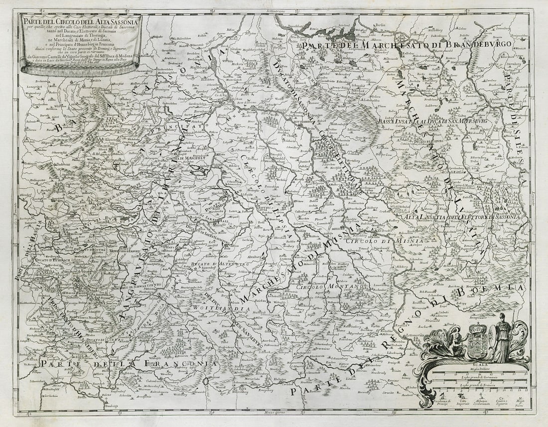 Parte del Circolo dell Alta Sassonia…. Sachsen Thuringia ROSSI/CANTELLI 1688 map: Title: Parte del Circolo dell Alta Sassonia…. Sachsen Thuringia ROSSI/CANTELLI 1688 map Description: Parte del Circolo dell Alta Sassonia per quello, che spetta alle Case Elettorali, e Ducali di