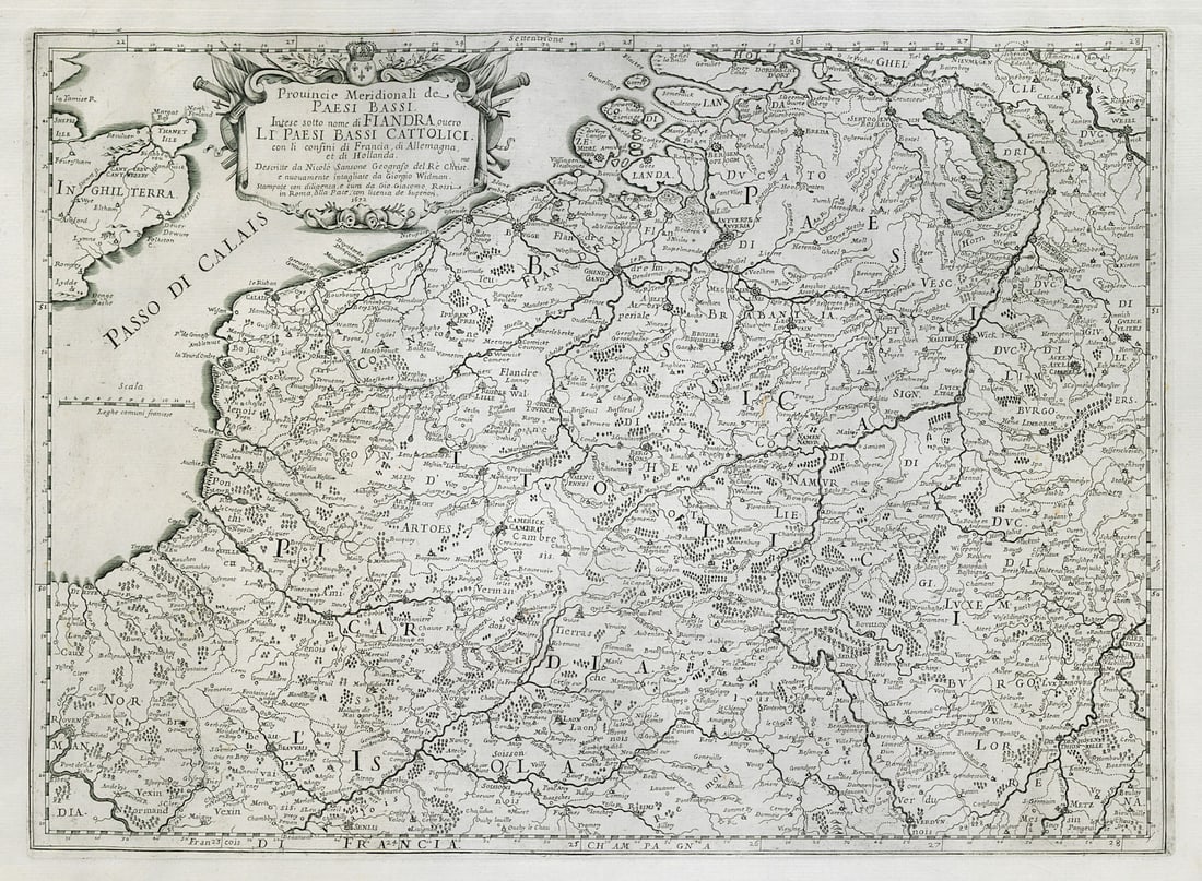 Provincie Meridionali de Paesi Bassi. Belgium & Picardy. ROSSI/SANSON 1672 map: Title: Provincie Meridionali de Paesi Bassi. Belgium & Picardy. ROSSI/SANSON 1672 map Description: Provincie Meridionali de Paesi Bassi, intese sotto nome di Fiandra, overo Li Paesi Bassi Cattolici