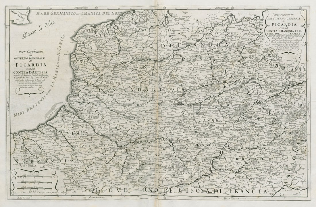 Governo Generale di Picardia. Picardy & Western Belgium. ROSSI/CANTELLI 1695 map: Title: Governo Generale di Picardia. Picardy & Western Belgium. ROSSI/CANTELLI 1695 map Description: Parte Occidentale del Governo Generale di Picardia con la Contea d'Artesia // Parte Orientale del G