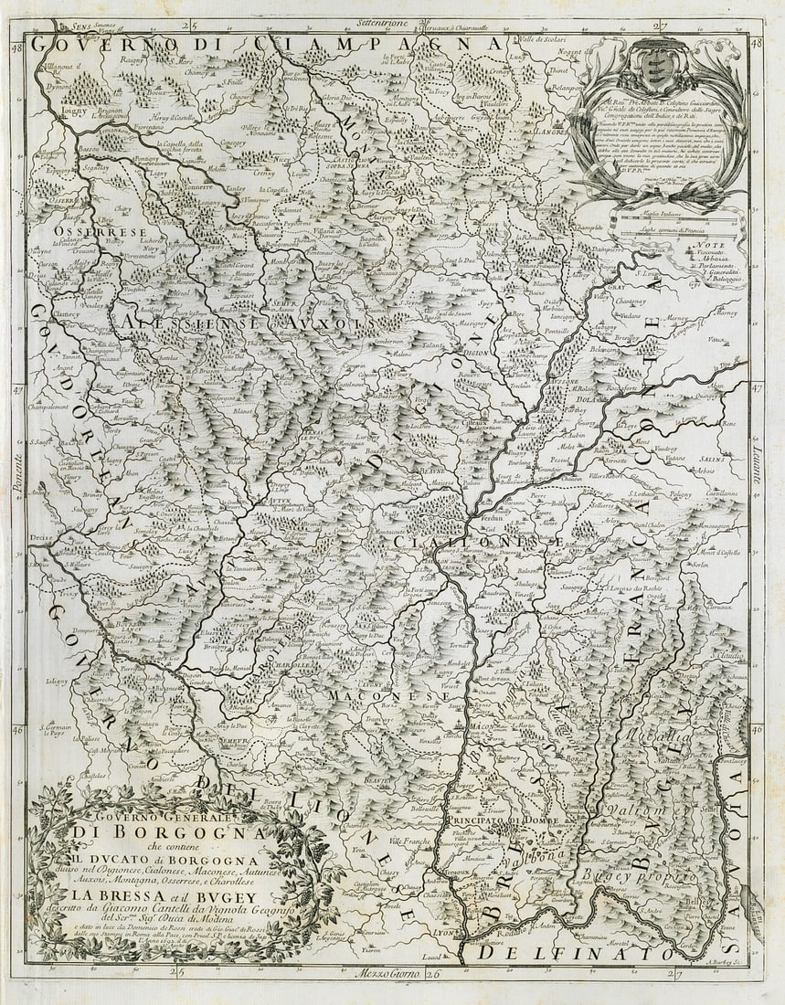 Governo Generale di Borgogna. Burgundy Bourgogne. DE ROSSI / CANTELLI 1692 map: Title: Governo Generale di Borgogna. Burgundy Bourgogne. DE ROSSI / CANTELLI 1692 map Description: Governo Generale di Borgogna che contien il Ducato di Borgogna diviso nel Digionese, Cialonese,
