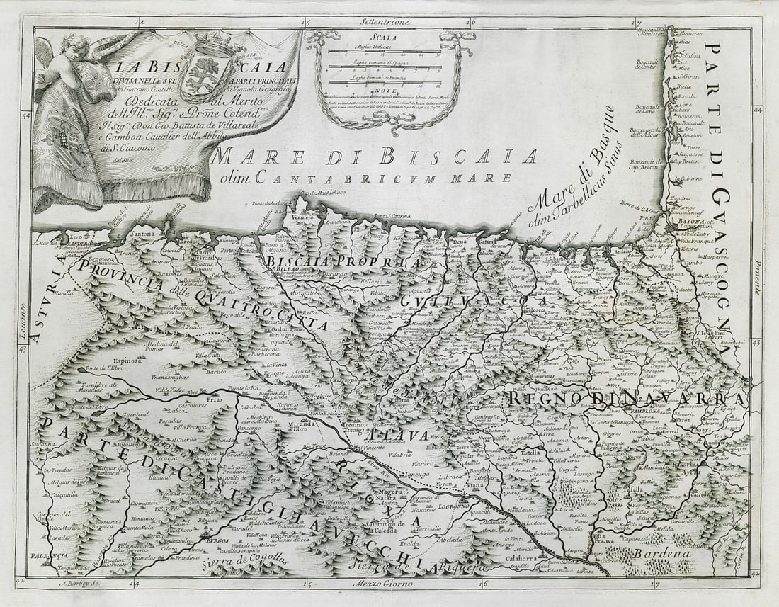 La Biscaia. Biscay / Vizcaya. Spanish Basque country. ROSSI / CANTELLI 1696 map: Title: La Biscaia. Biscay / Vizcaya. Spanish Basque country. ROSSI / CANTELLI 1696 map Description: La Biscaia [Biscay / Vizcaya]. The Spanish Basque country from Santander eastwards, and the adjacent