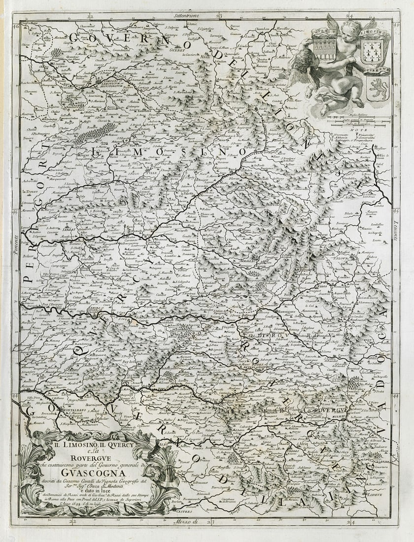 Il Limosino, Il Quercy e la Rouergue… Guascogna. Gascony ROSSI/CANTELLI 1693 map: Title: Il Limosino, Il Quercy e la Rouergue… Guascogna. Gascony ROSSI/CANTELLI 1693 map Description: Il Limosino, Il Quercy e la Rouergue che costituiscono parte del Governo generale di Guascogn