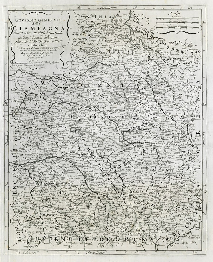 Governo Generale della Ciampagna. Champagne region. DE ROSSI / CANTELLI 1695 map: Title: Governo Generale della Ciampagna. Champagne region. DE ROSSI / CANTELLI 1695 map Description: Governo Generale della Ciampagna [Province of Champagne]. The Champagne region between Meaux in the