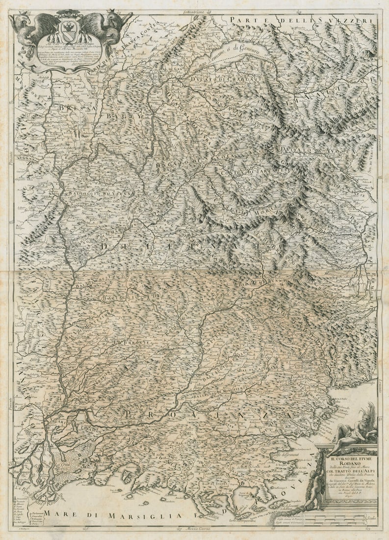 Il Corso del Fiume Rodano. The Rhone Valley. SE France. ROSSI /CANTELLI 1690 map: Title: Il Corso del Fiume Rodano. The Rhone Valley. SE France. ROSSI /CANTELLI 1690 map Description: Il Corso del Fiume Rodano dalle sue Fonti fino al Mare Col Tratto dell'Alpi [The course of the rive