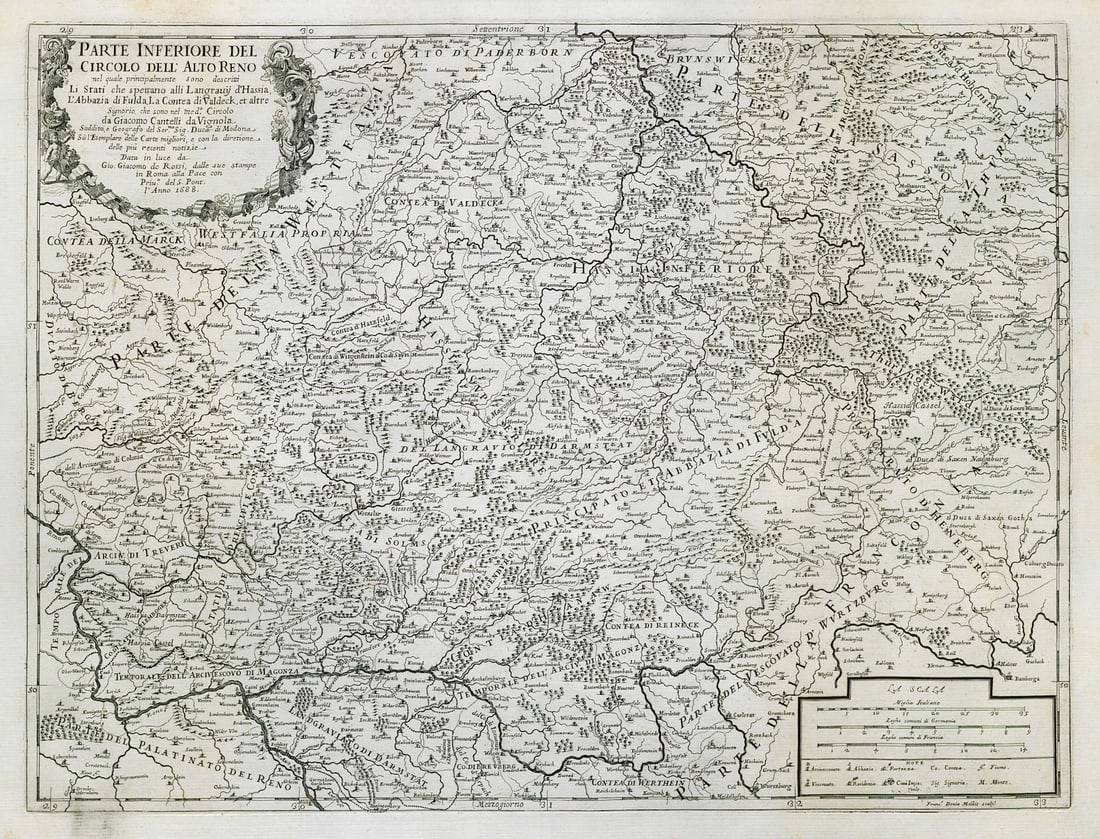 Parte Inferiore del Circolo dell' Alto Reno. Hessen. ROSSI / CANTELLI 1688 map: Title: Parte Inferiore del Circolo dell' Alto Reno. Hessen. ROSSI / CANTELLI 1688 map Description: Parte Inferiore del Circolo dell' Alto Reno nel quale principalmente sono descritti Li Stati che