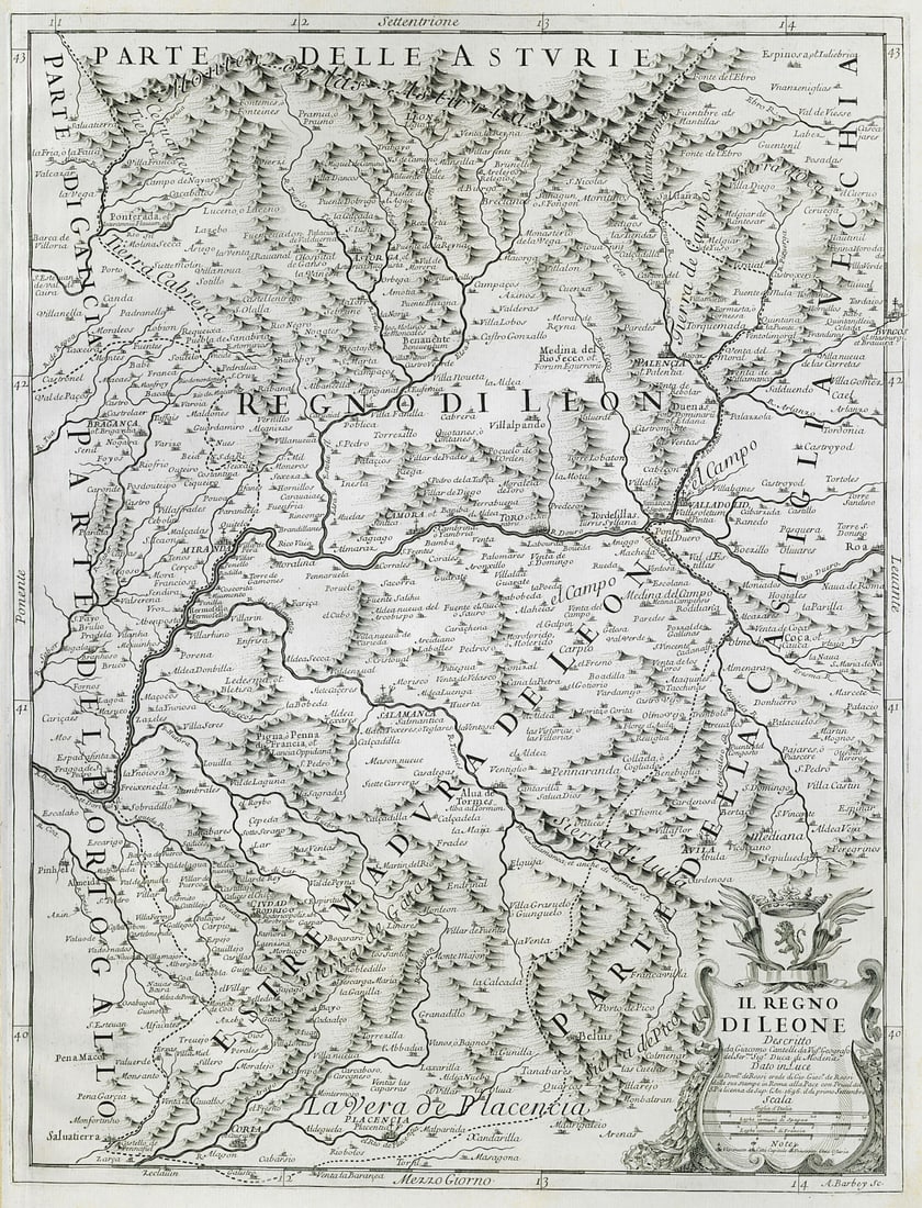 Il Regno di Leone. The Kingdom of León. Spain. DE ROSSI / CANTELLI 1696 map: Title: Il Regno di Leone. The Kingdom of León. Spain. DE ROSSI / CANTELLI 1696 map Description: Il Regno di Leone [The Kingdom of Leon]. León, north-western Spain, including Salamanca, Plase