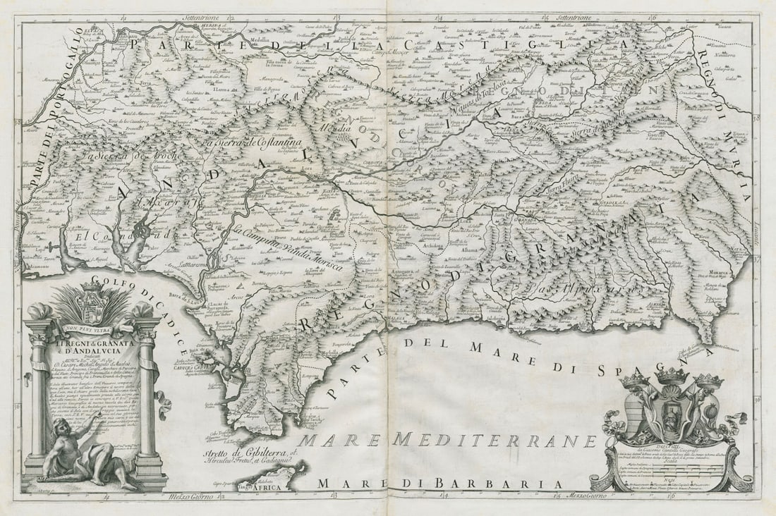 Li Regni di Granata e d'Andalucia. Granada & Andalusia. ROSSI /CANTELLI 1696 map: Title: Li Regni di Granata e d'Andalucia. Granada & Andalusia. ROSSI /CANTELLI 1696 map Description: Li Regni di Granata e d'Andalucia [The Kingdoms of Granada and Andalucia]. Andalucia including the 