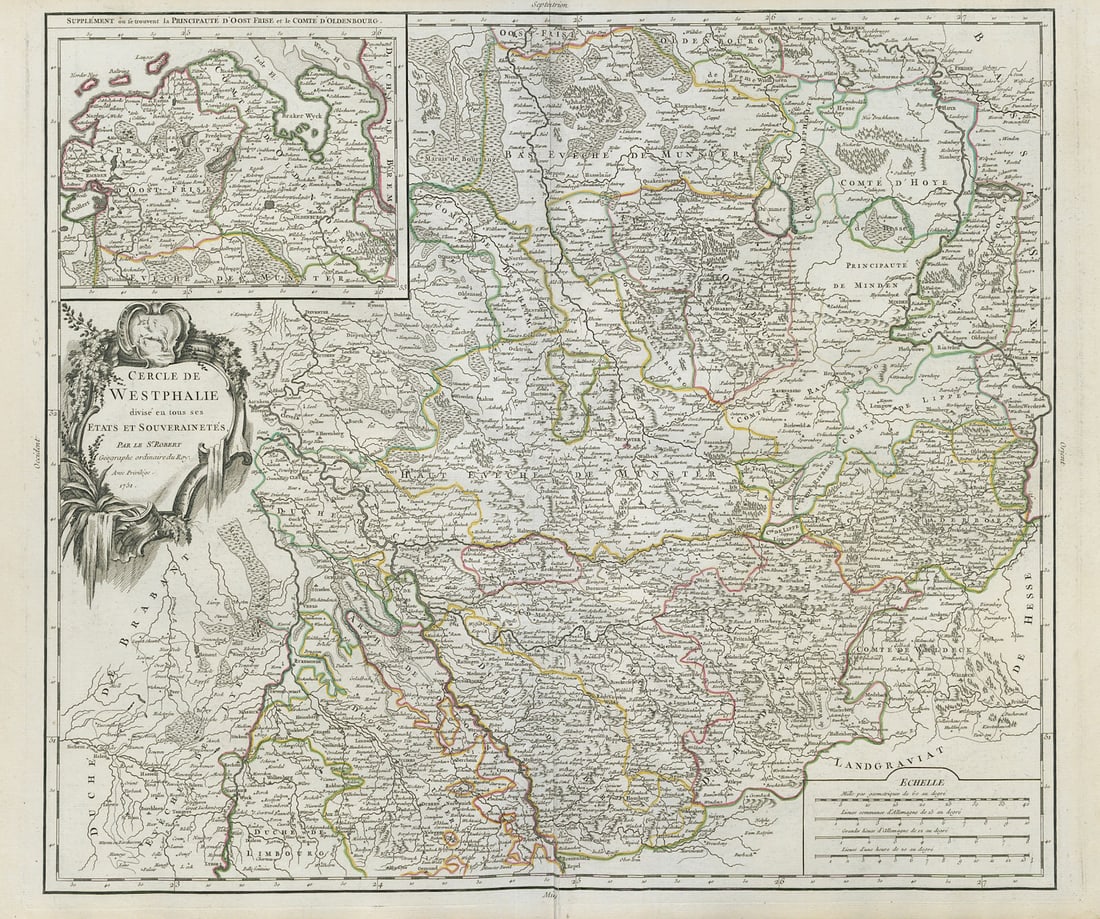 Cercle de Westphalie divisé… Westphalia. NW Germany. VAUGONDY 1751 old map: Title: "Cercle de Westphalie divisé…" Westphalia. NW Germany. VAUGONDY 1751 old map Description: Cercle de Westphalie divisé en tous ses etats et souverainetés, par le Sr. Robert