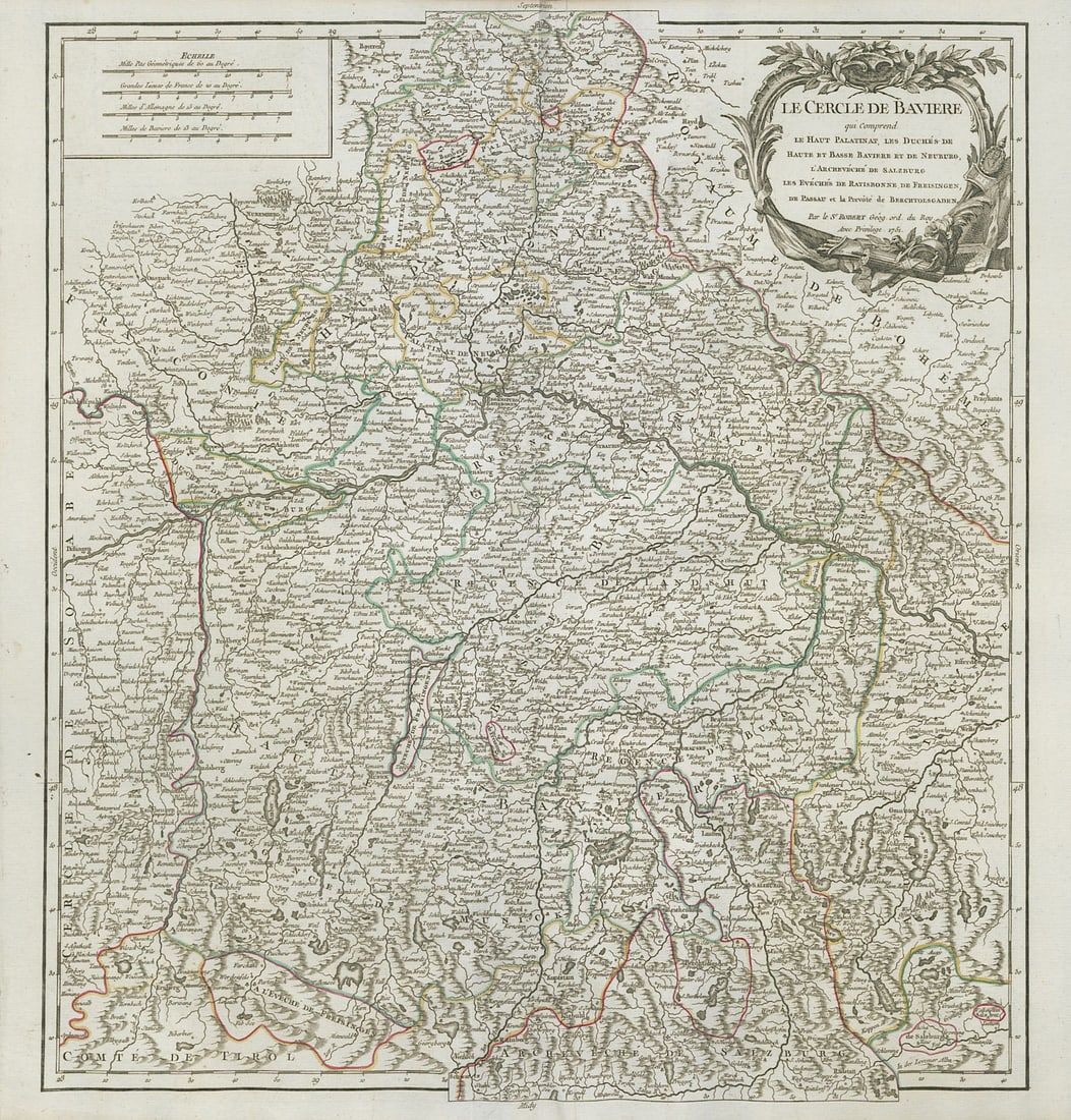 Le Cercle de Baviere. Bavaria Bayern Southern Germany. VAUGONDY 1751 old map: Title: "Le Cercle de Baviere". Bavaria Bayern Southern Germany. VAUGONDY 1751 old map Description: Le Cercle de Baviere qui comprend le Haut Palatinat, les Duchés de Haute et Basse Baviere et de
