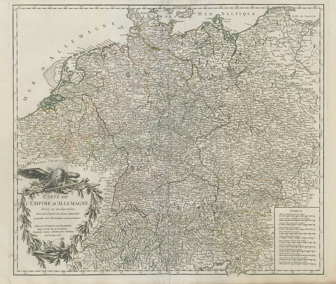 Carte de l'Empire d'Allemagne. Germany Austria Czechia. VAUGONDY 1756 map: Title: "Carte de l'Empire d'Allemagne". Germany Austria Czechia. VAUGONDY 1756 map Description: Carte de l'Empire d'Allemagne divisé en ses dix cercles, dessinée d'après les Cartes