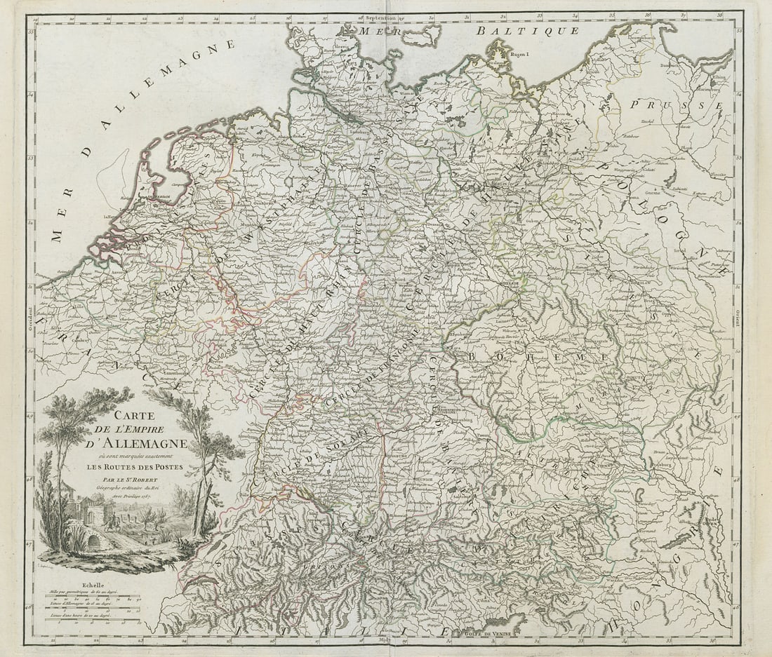 Carte de l'Empire d'Allemagne… les routes des postes Germany VAUGONDY 1757 map: Title: "Carte de l'Empire d'Allemagne… les routes des postes" Germany VAUGONDY 1757 map Description: Carte de l'Empire d'Allemagne où sont marquées exactement les routes des postes.
