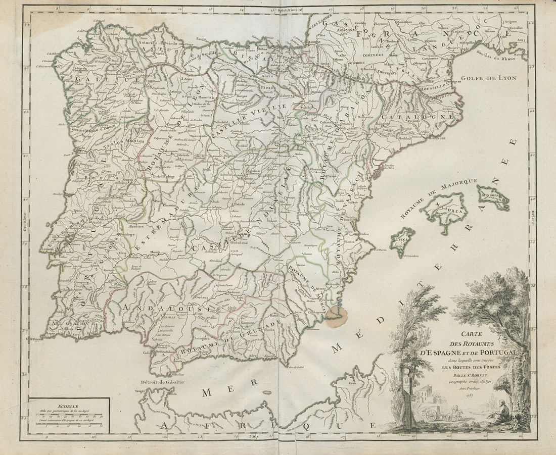 Royaumes d'Espagne et de Portugal… routes des postes Iberia VAUGONDY 1757 map: Title: "Royaumes d'Espagne et de Portugal… routes des postes" Iberia VAUGONDY 1757 map Description: Carte des Royaumes d'Espagne et de Portugal dans laquelle sont tracees les routes des postes. 