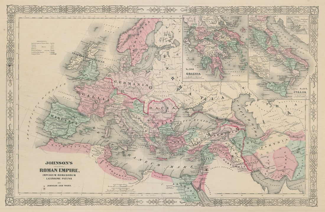 Johnson's Roman Empire. Imperium Romanorum. Graecia Italia Greece Italy 1865 map (1 of 1)