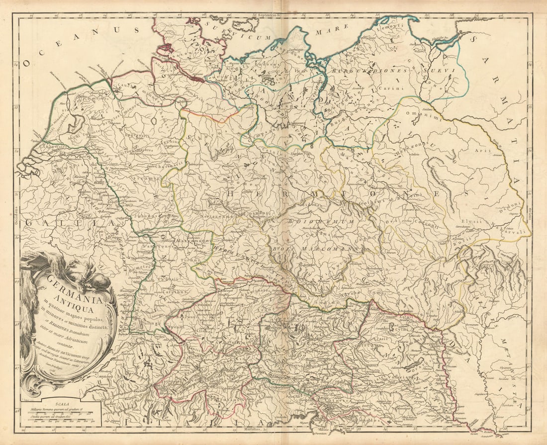Germania Antiqua in quatuor magnos populos… Germany tribes. VAUGONDY 1756 map: Title: "Germania Antiqua in quatuor magnos populos…" Germany tribes. VAUGONDY 1756 map Description: Germania Antiqua in quatuor magnos populos, in minores et minimos distincta; et Regiones Danub