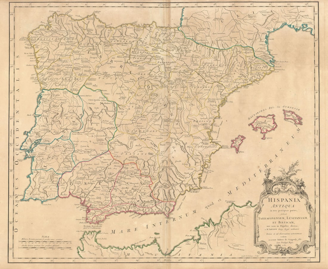Hispania Antiqua in tres praecipuas partes… Ancient Iberia. VAUGONDY 1750 map: Title: "Hispania Antiqua in tres praecipuas partes…" Ancient Iberia. VAUGONDY 1750 map Description: Hispania Antiqua in tres praecipuas partes, fcilicet Tarraconensem, Lusitaniam, et Baeticam, n