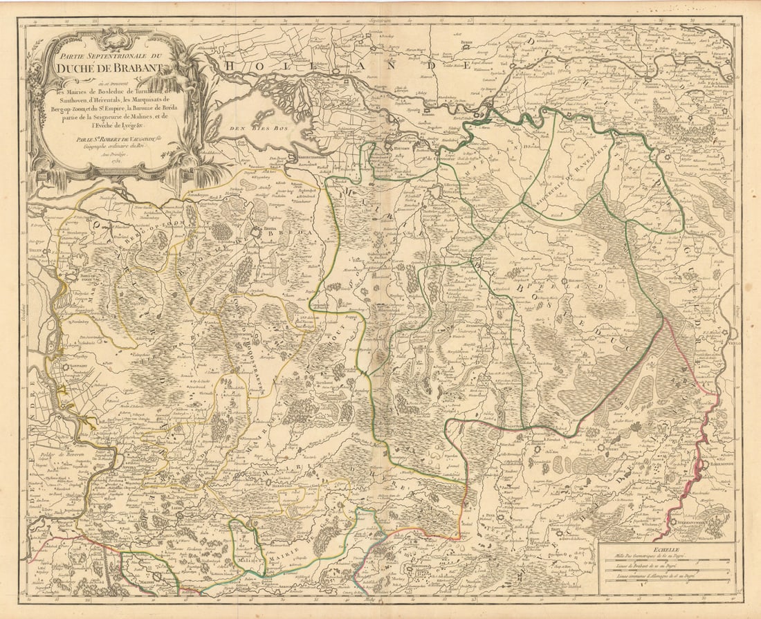 Partie Septentrionale du Duché de Brabant North. Limburg. VAUGONDY 1752 map: Title: "Partie Septentrionale du Duché de Brabant" North. Limburg. VAUGONDY 1752 map Description: Partie Septentrionale du Duché de Brabant où se trouvent les Mairies de Bosleduc, de