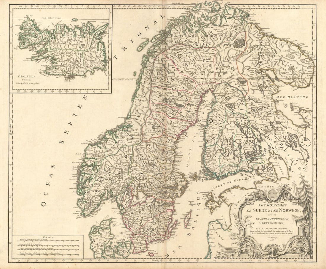 Les Royaumes de Suede et de Norwege. Scandinavia Iceland. VAUGONDY 1756 map: Title: "Les Royaumes de Suede et de Norwege". Scandinavia Iceland. VAUGONDY 1756 map Description: Les Royaumes de Suede et de Norwege, divisés en leurs Provinces ou Gouvernemens, Par le S. Robert