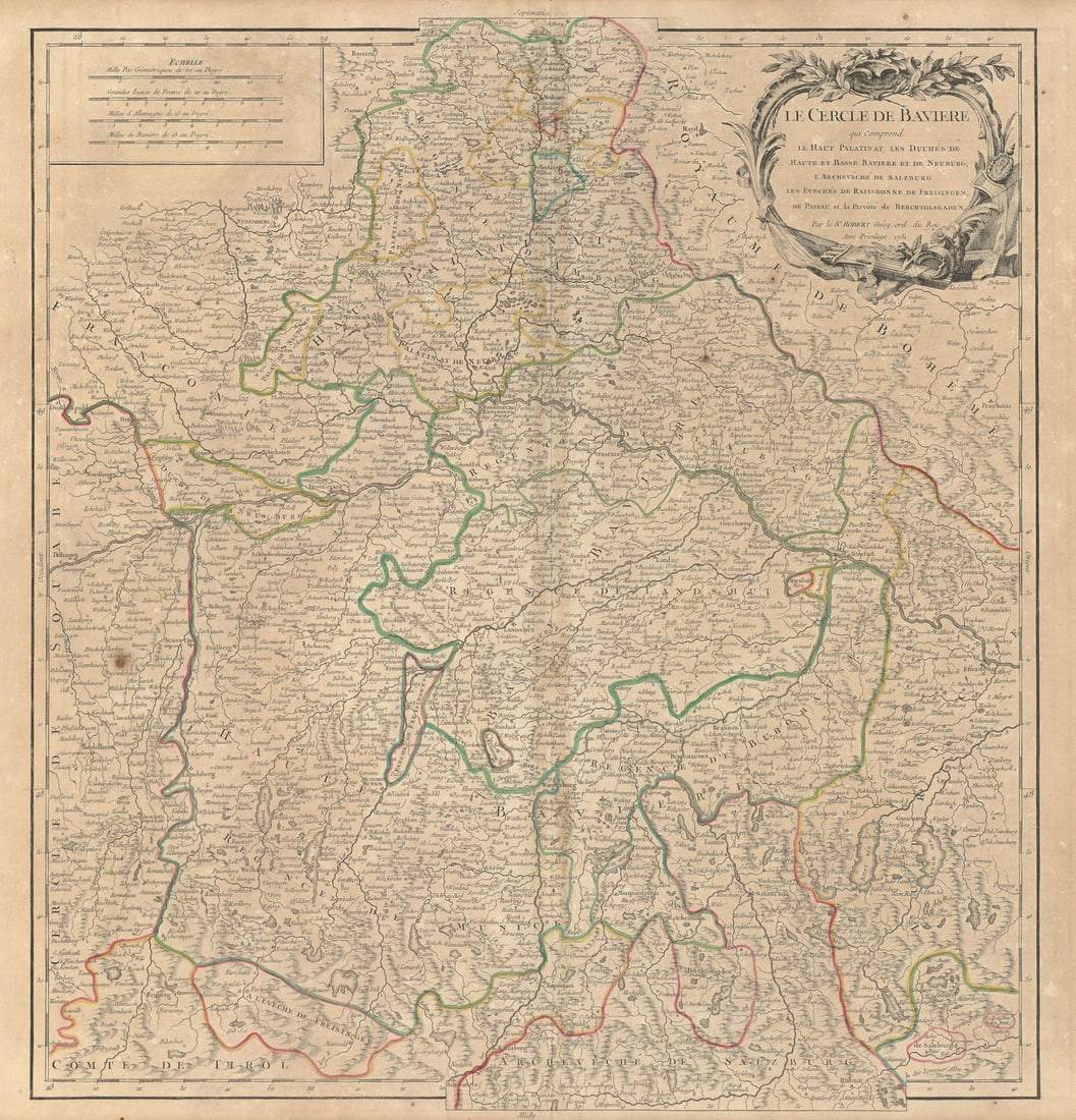 Le Cercle de Baviere. Bayern Bavaria Southern Germany. VAUGONDY 1751 old map: Title: "Le Cercle de Baviere". Bayern Bavaria Southern Germany. VAUGONDY 1751 old map Description: Le Cercle de Baviere qui comprend le Haut Palatinat, les Duchés de Haute et Basse Baviere et de 