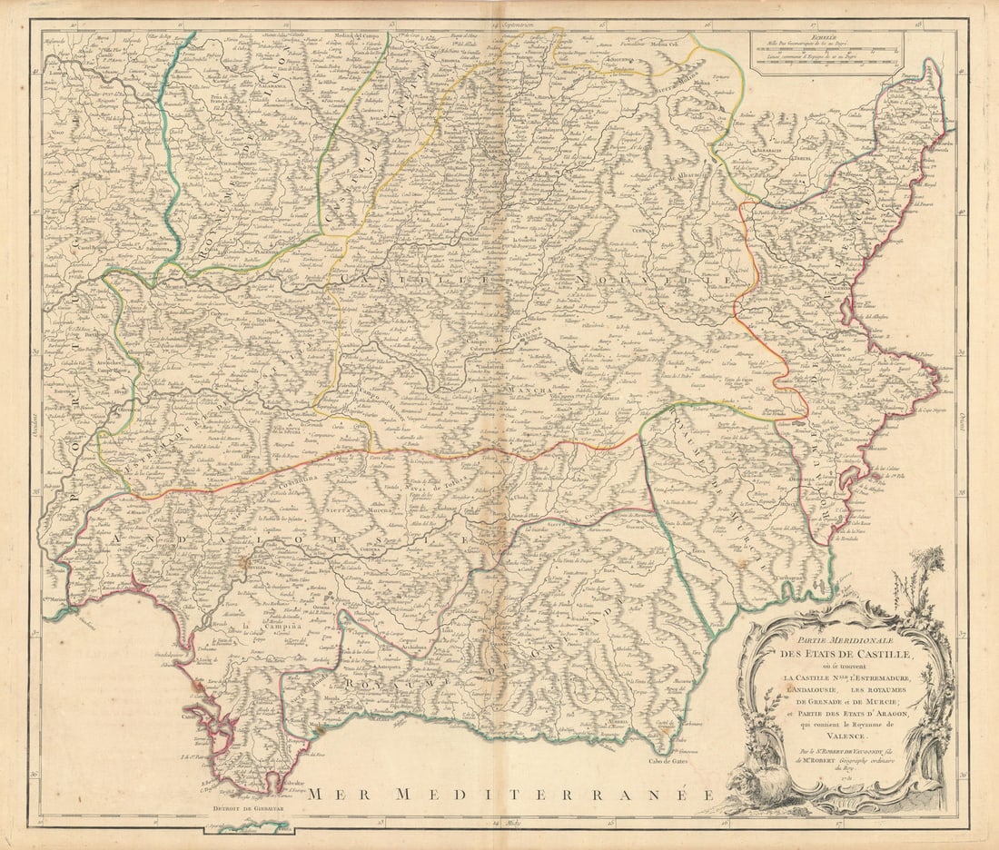 Partie Meridionale des Etats de Castille. Southern Spain. VAUGONDY 1751 map: Title: "Partie Meridionale des Etats de Castille". Southern Spain. VAUGONDY 1751 map Description: Partie Meridionale des Etats de Castille, où se trouvent la Castille Nlle., l'Estremadure, l'Anda