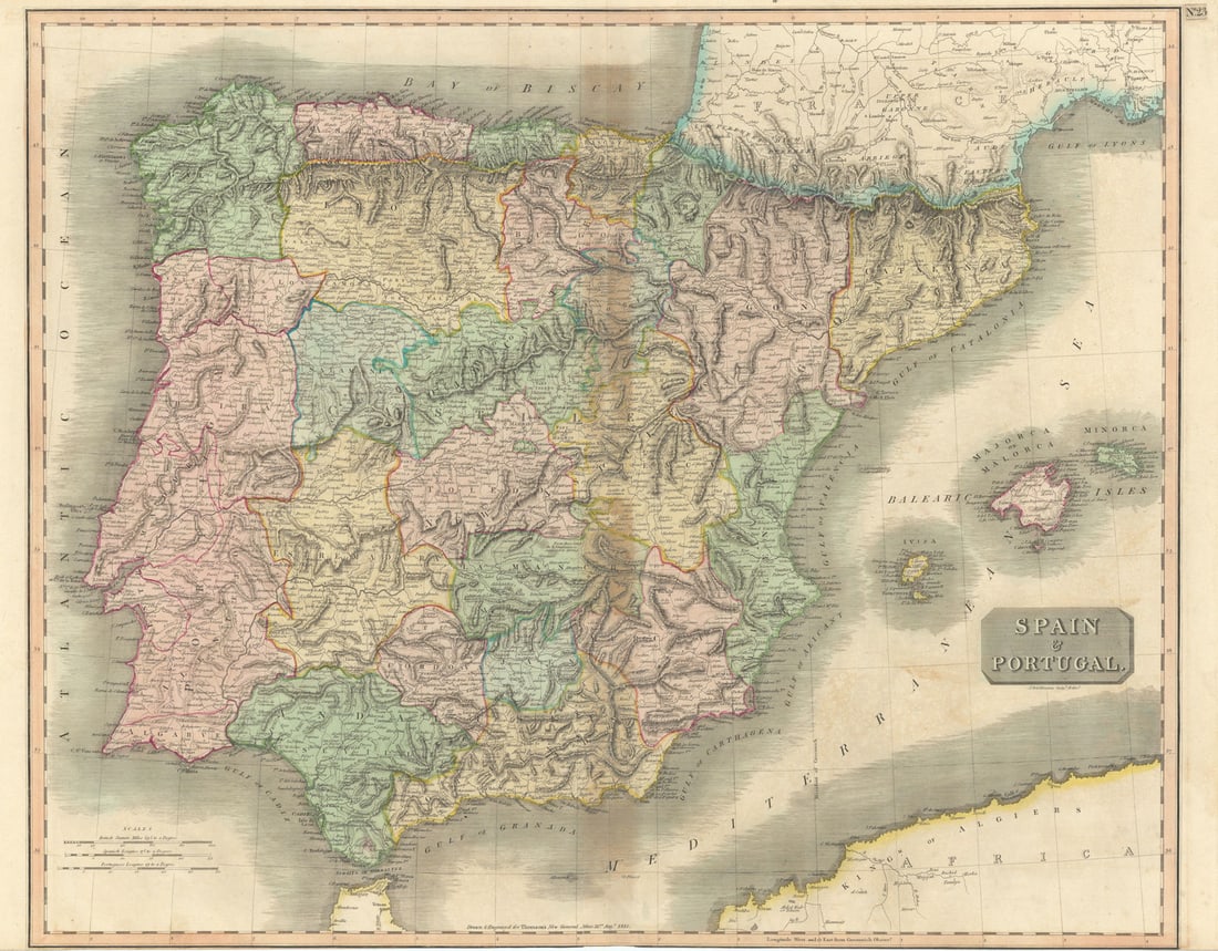 Spain and Portugal by John Thomson. Provinces. Iberia 1817 old antique map: Title: "Spain and Portugal" by John Thomson. Provinces. Iberia 1817 old antique map Description: Spain and Portugal'. Drawn & engraved by John & George Menzies for John Thomson's "New General Atlas". 